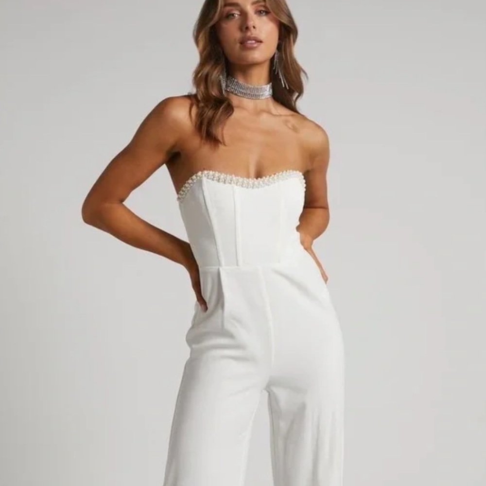 White Pearl Strapless Bridal Jumpsuit